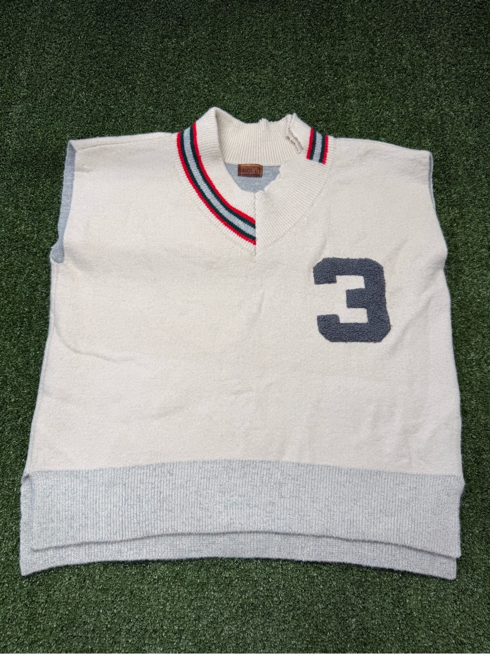 POL Women Oversized Varsity Sweater Vest V-Neck Distressed Sleeveless Pullover M